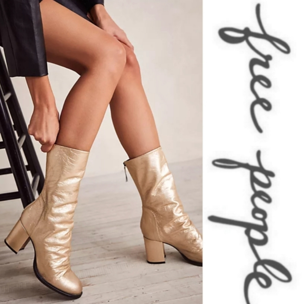 Free PEOPLE gold boots date night Elle block heel ankle 41 11 - Picture 1 of 15